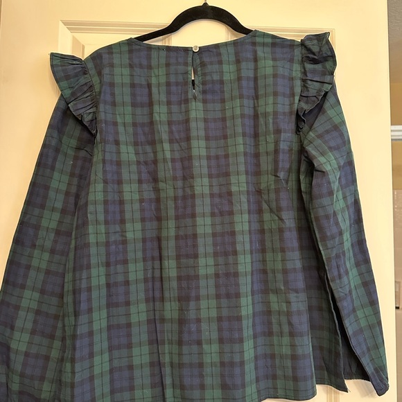 NWT J. Crew navy/green plaid ruffle sleeve blouse - Picture 3 of 4